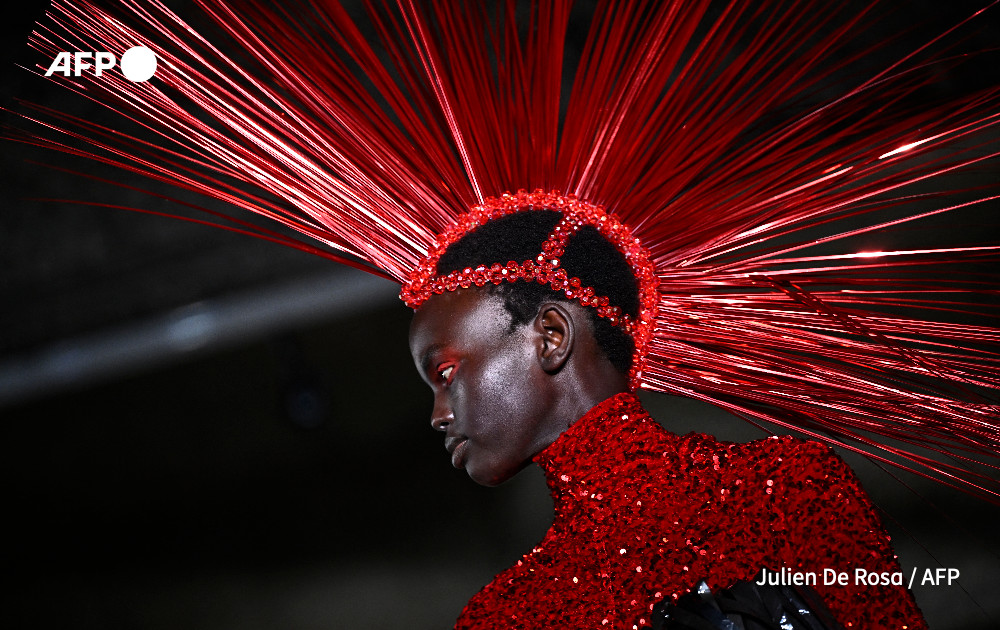 A model presents a creation by Germanier for the Women Ready-to-wear Spring-Summer 2025 collection as part of the Paris Fashion Week, in Paris.